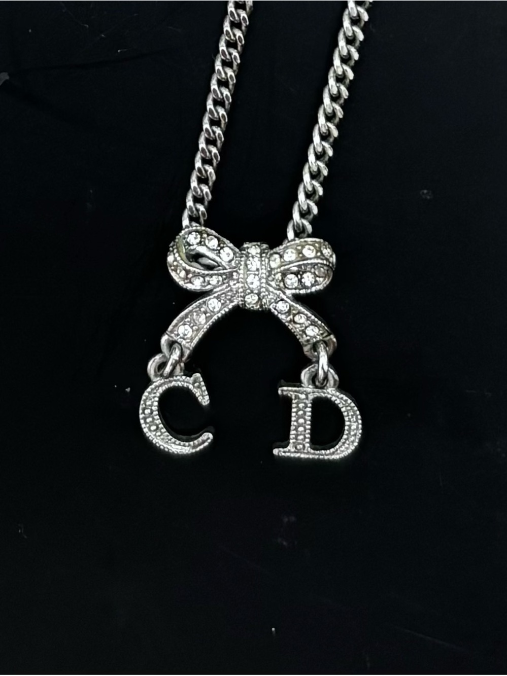 Authentic Christian Dior Silver-Tone Crystal Pave Bow “CD” Pendant Necklace